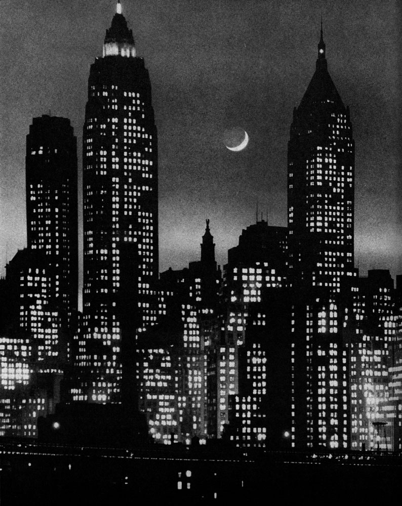 A crescent moon rose between Manhattan skyscrapers, 1946.