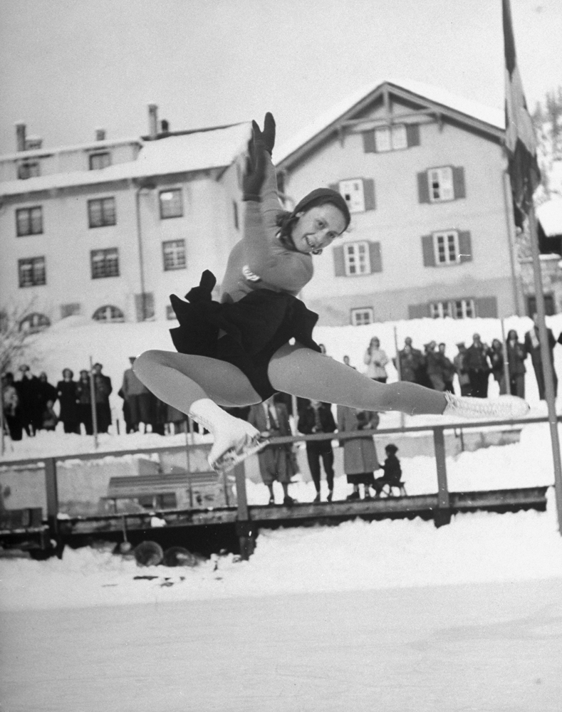 French figure skater Jacqueline du Bief, St. Moritz, 1948.