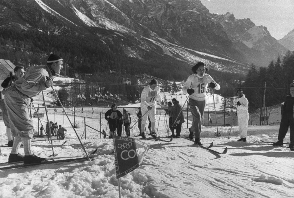 Russian cross-country skiers Radya Yeroshina (silver) and Lyubov Kozyreva (gold), Cortina, Italy, 1956.