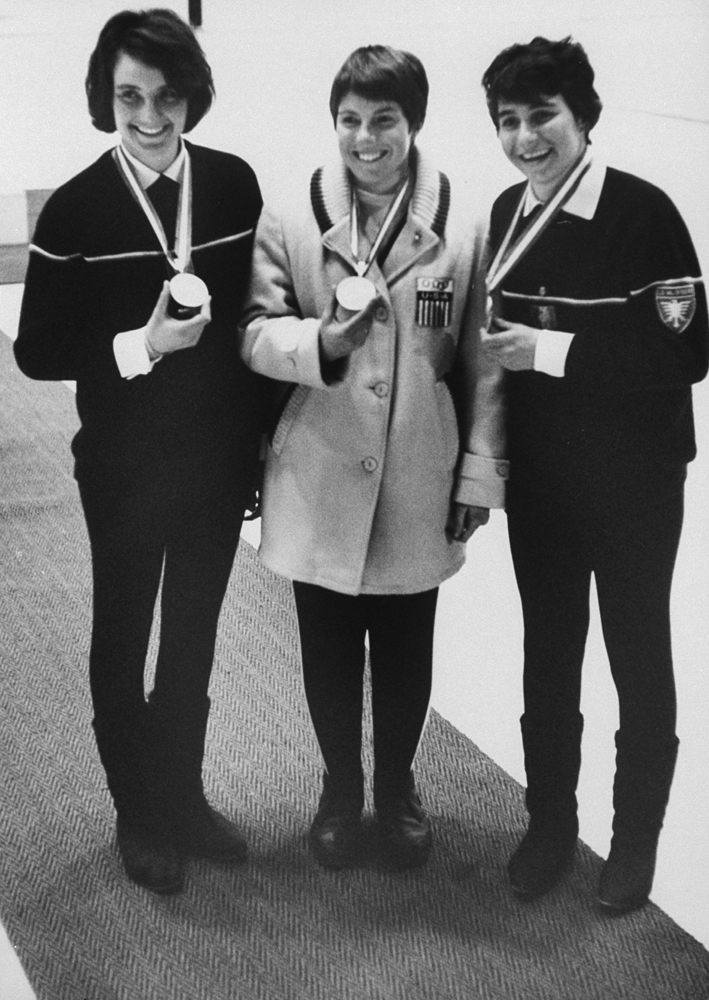 Left to right: Christine Goitschel, Jean Saubert, and Marielle Goitschel, Innsbruck, 1964