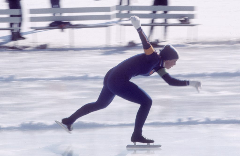 Anne Henning, 16, skating to victory in the 500-meter speed skating race at the Sapporo Winter Olympics, 1972.