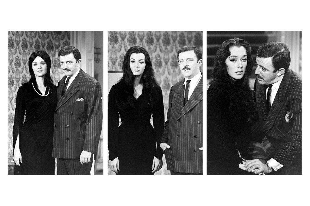 John Astin (Gomez) with various actresses auditioning for the role of Morticia Addams, 1964.