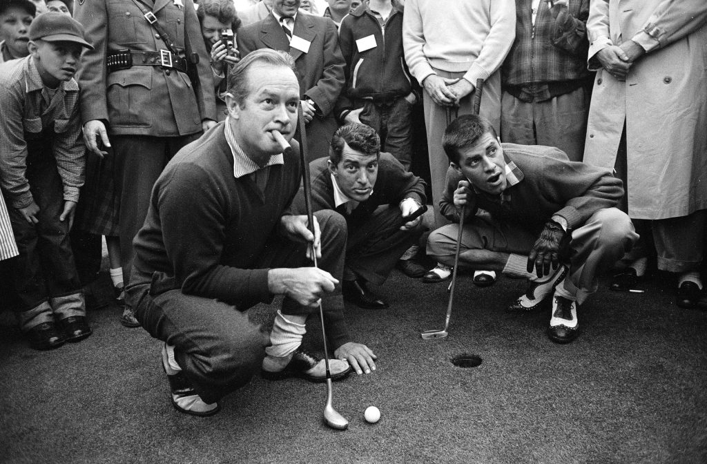 Bob Hope, Dean Martin and Jerry Lewis at a golf tournament, 1950.