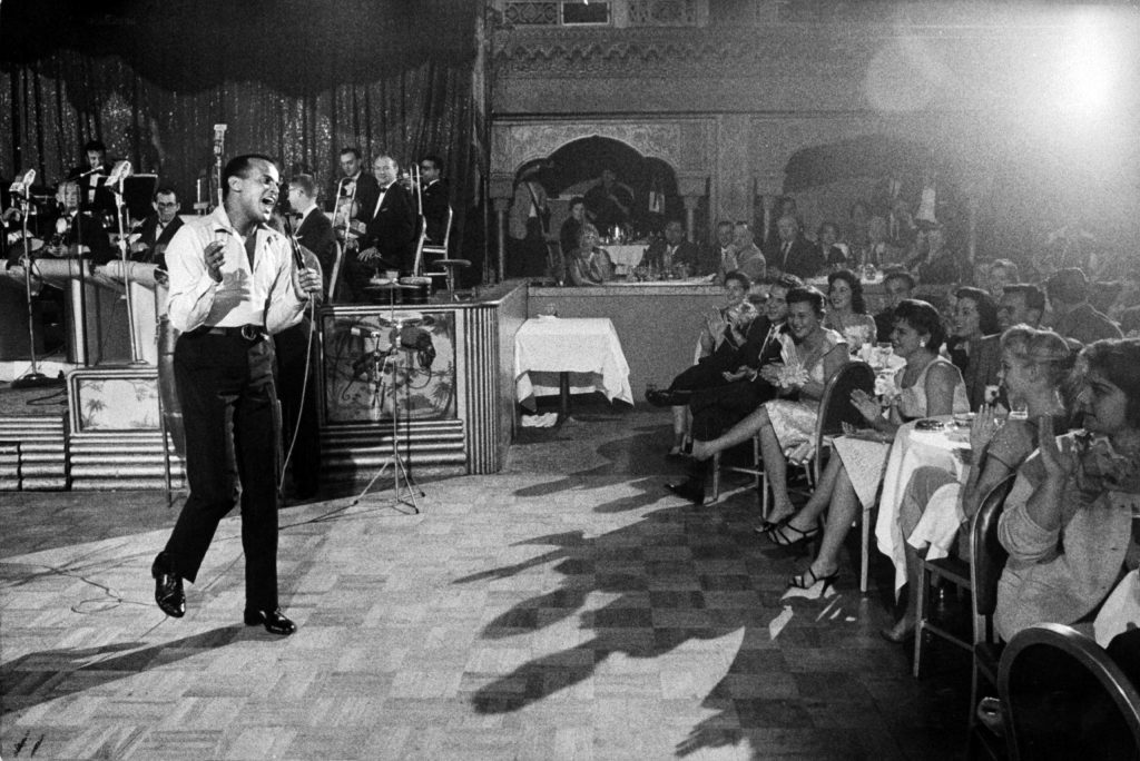 Harry Belafonte performing at the Coconut Grove nightclub, 1957.