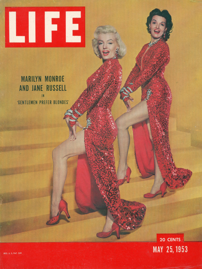LIFE magazine cover published May 25, 1953. Featuring actresses Marilyn Monroe & Jane Russell in scene from the film "Gentlemen Prefer Blondes." (Photo by Edward Clark/The LIFE Picture Collection © Meredith Corporation)