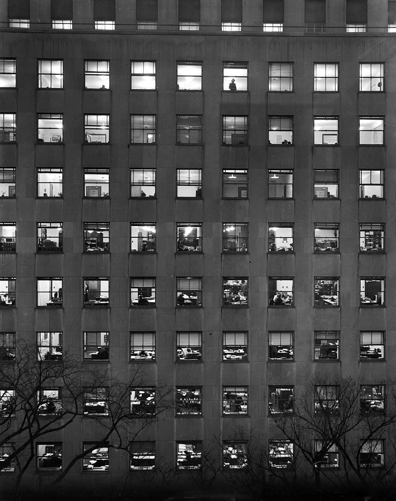 View of illuminated office windows in a section of the Lafayette Building (also known as Export-Import Bank Building), Washington DC, 1946. (Photo by Walter B. Lane/The LIFE Picture Collection © Meredith Corporation)