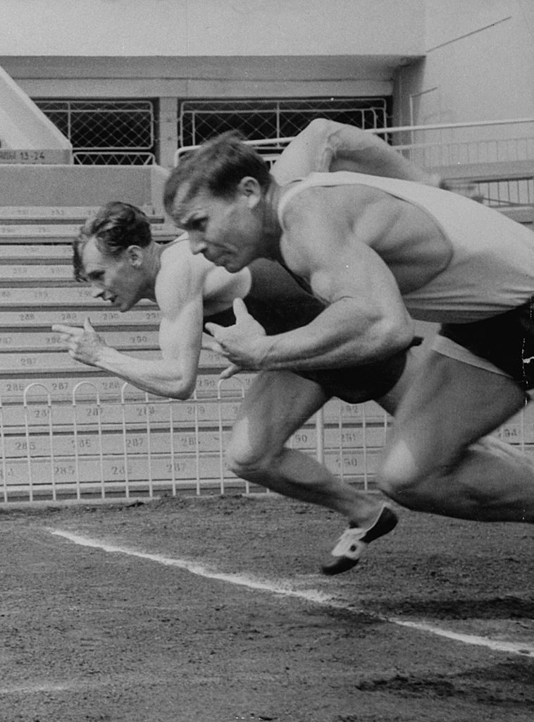 Soviet athletes Boris Tokarev (L) and Vladimir Suharev (R) practicing for the Russian Olympics. (Photo by Lisa Larsen/The LIFE Picture Collection © Meredith Corporation)