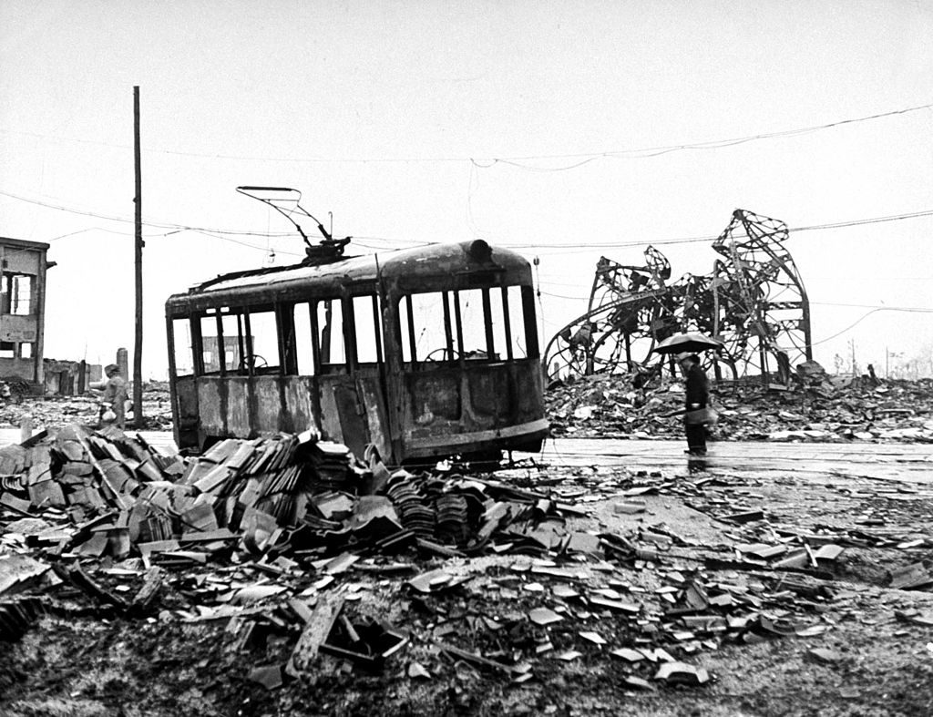 Gutted trolley car amid Hiroshima ruins a few months after the dropping of the atomic bomb by the US, bringing a swift Japanese surrender and an end to WWII. (Photo by Bernard Hoffman/The LIFE Picture Collection © Meredith Corporation)