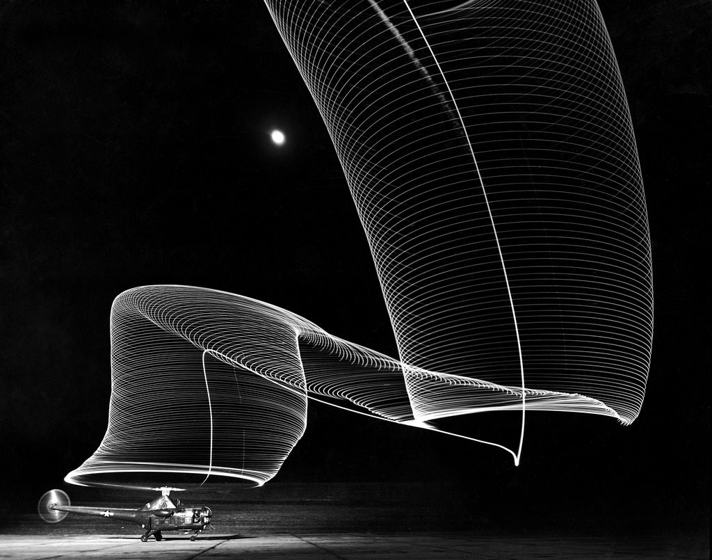 Light pattern produced by a time exposure of the light tipped rotor blades of a grounded helicopter. (Photo by Andreas Feininger/The LIFE Picture Collection © Meredith Corporation)