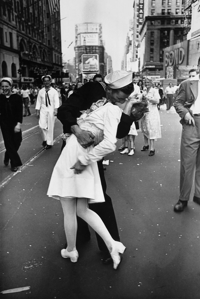 An American sailor kissing a white-uniformed nurse in Times Square to celebrate the victory over Japan in 1945. (Photo by Alfred Eisenstaedt/The LIFE Picture Collection © Meredith Corporation)