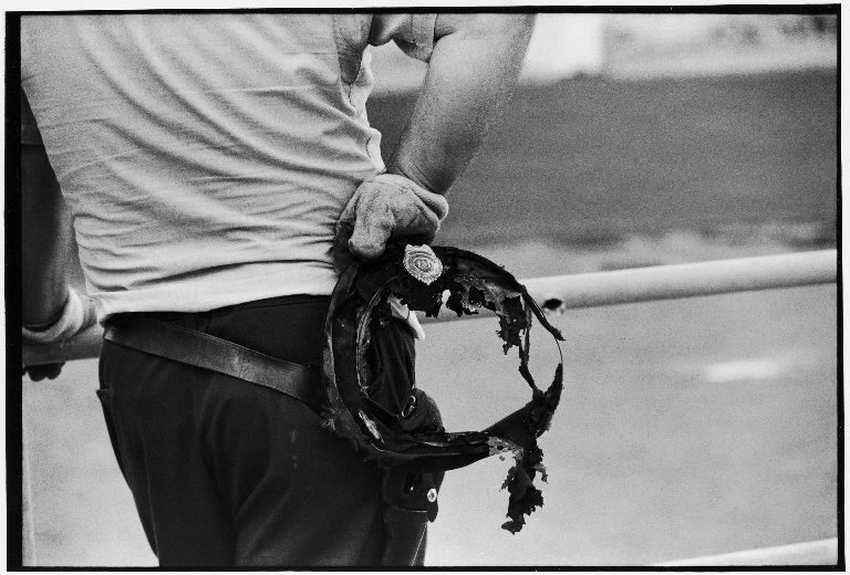 State trooper holding burnt cap of a guard taken hostage during riot at Attica State prison. (Photo by John Shearer/The LIFE Picture Collection © Meredith Corporation)