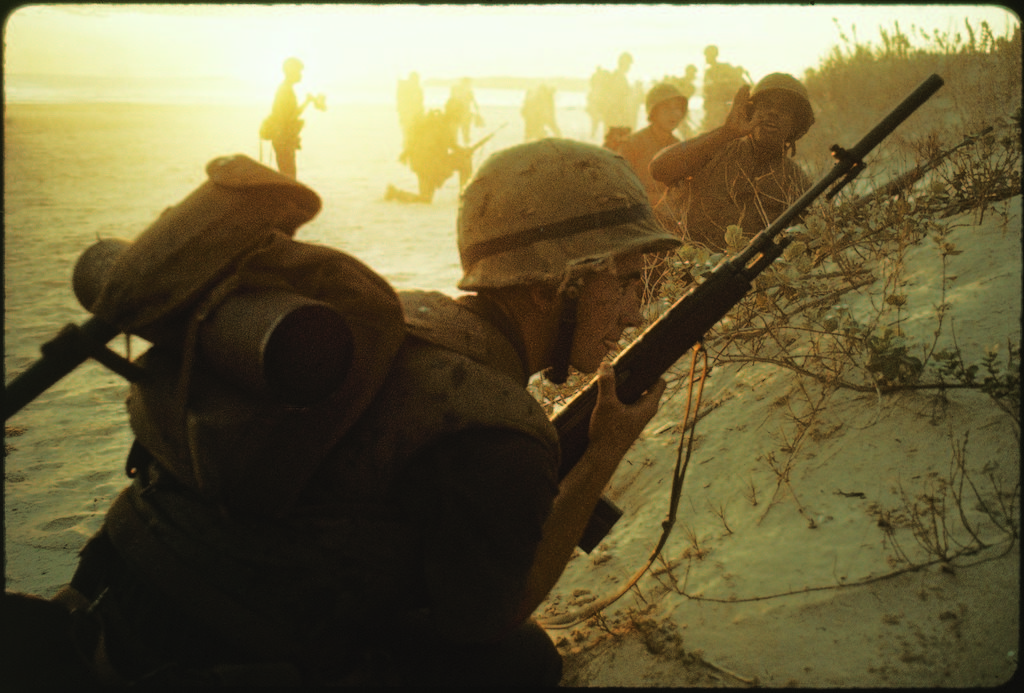 American soldiers of 7th Marines landing on the beaches of Cape Batangan during the Vietnam War. (Photo by Paul Schutzer/The LIFE Picture Collection © Meredith Corporation)