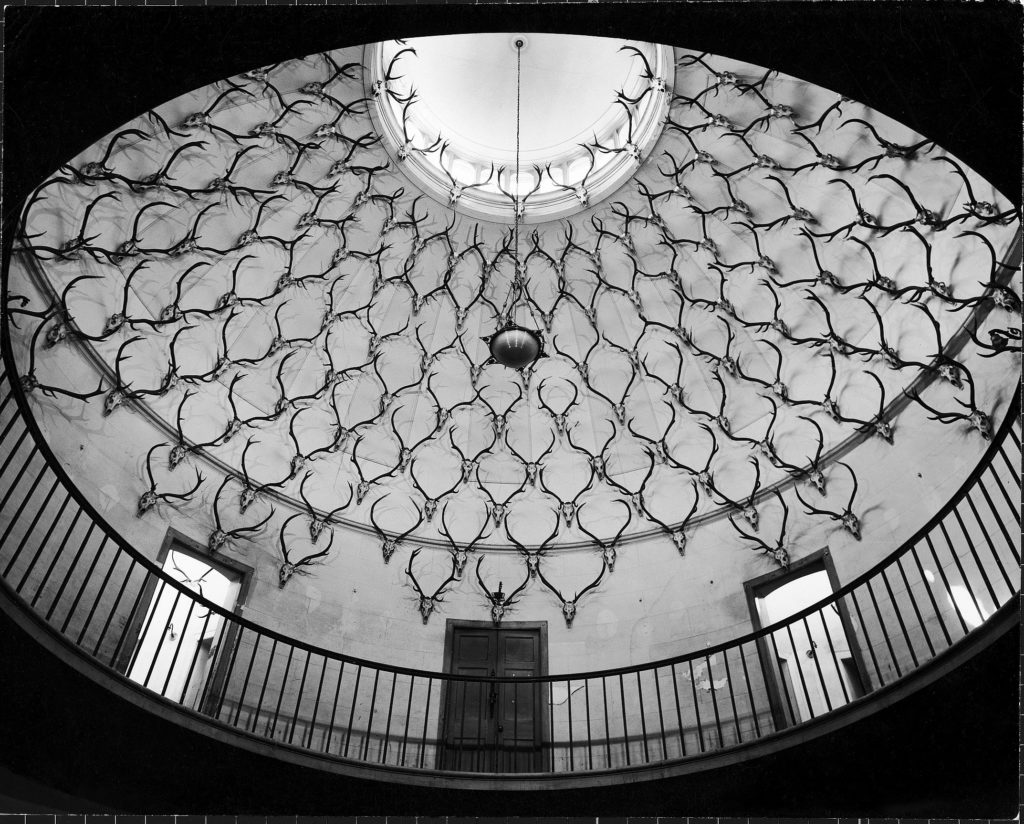 Deer antlers hanging in domed ceiling of Gordon Castle. (Photo by William J. Sumits/The LIFE Picture Collection © Meredith Corporation)