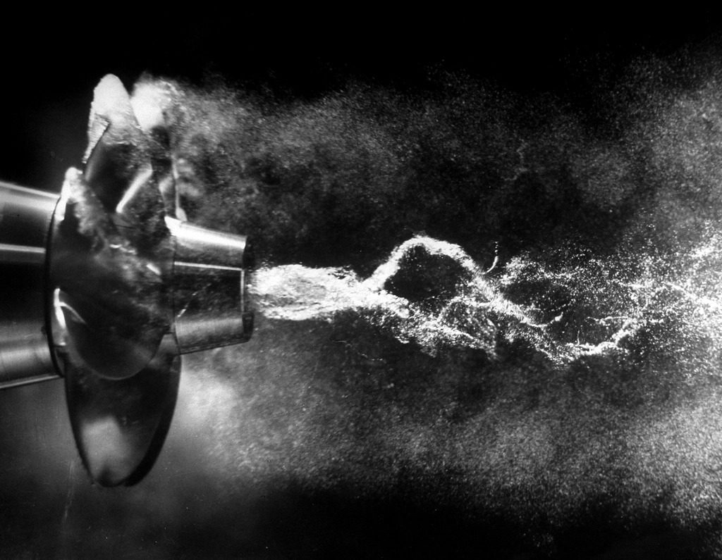 Propeller turbulence photographed in stroboscopic light as water passes the torpedo. (Photo by Al Fenn/The LIFE Picture Collection © Meredith Corporation)